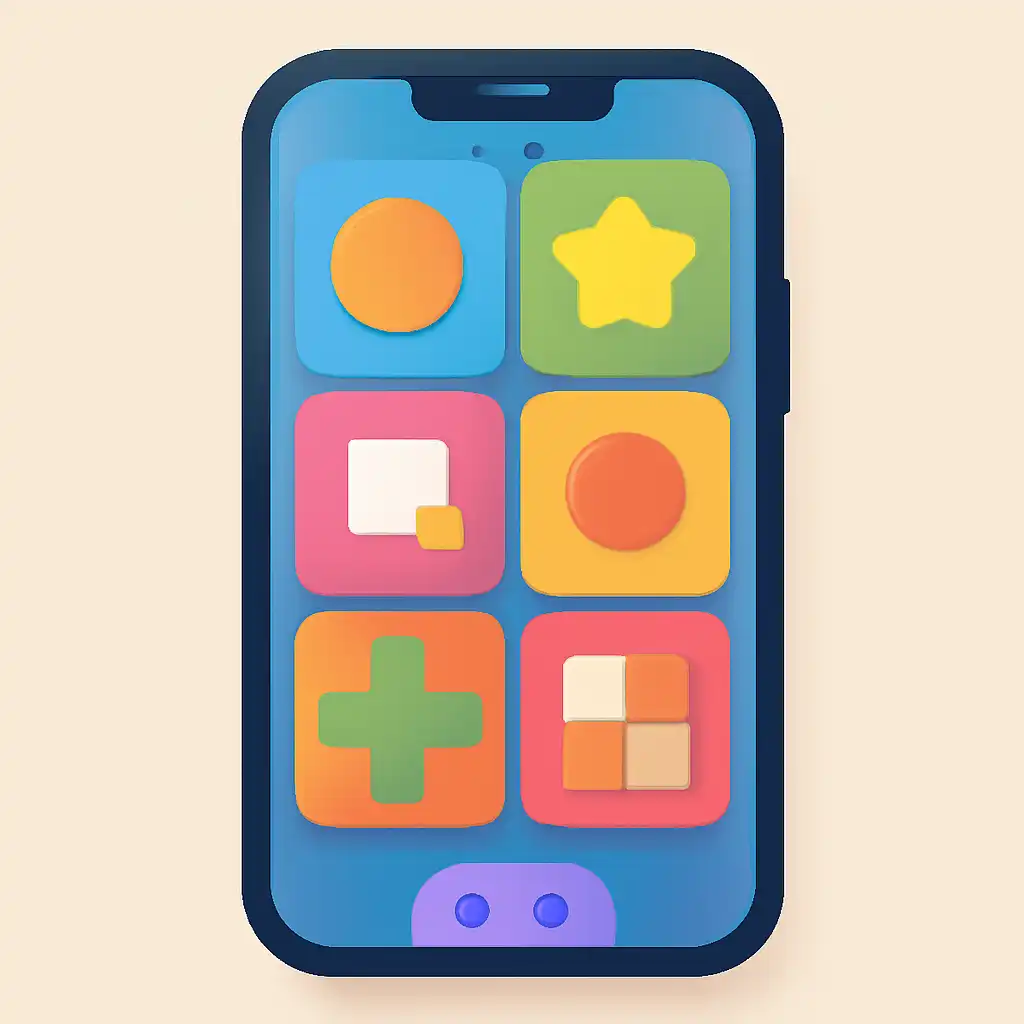 Smartphone shown from the front displaying a colourful flat layout of abstract game icons and rounded tiles, Jalwa