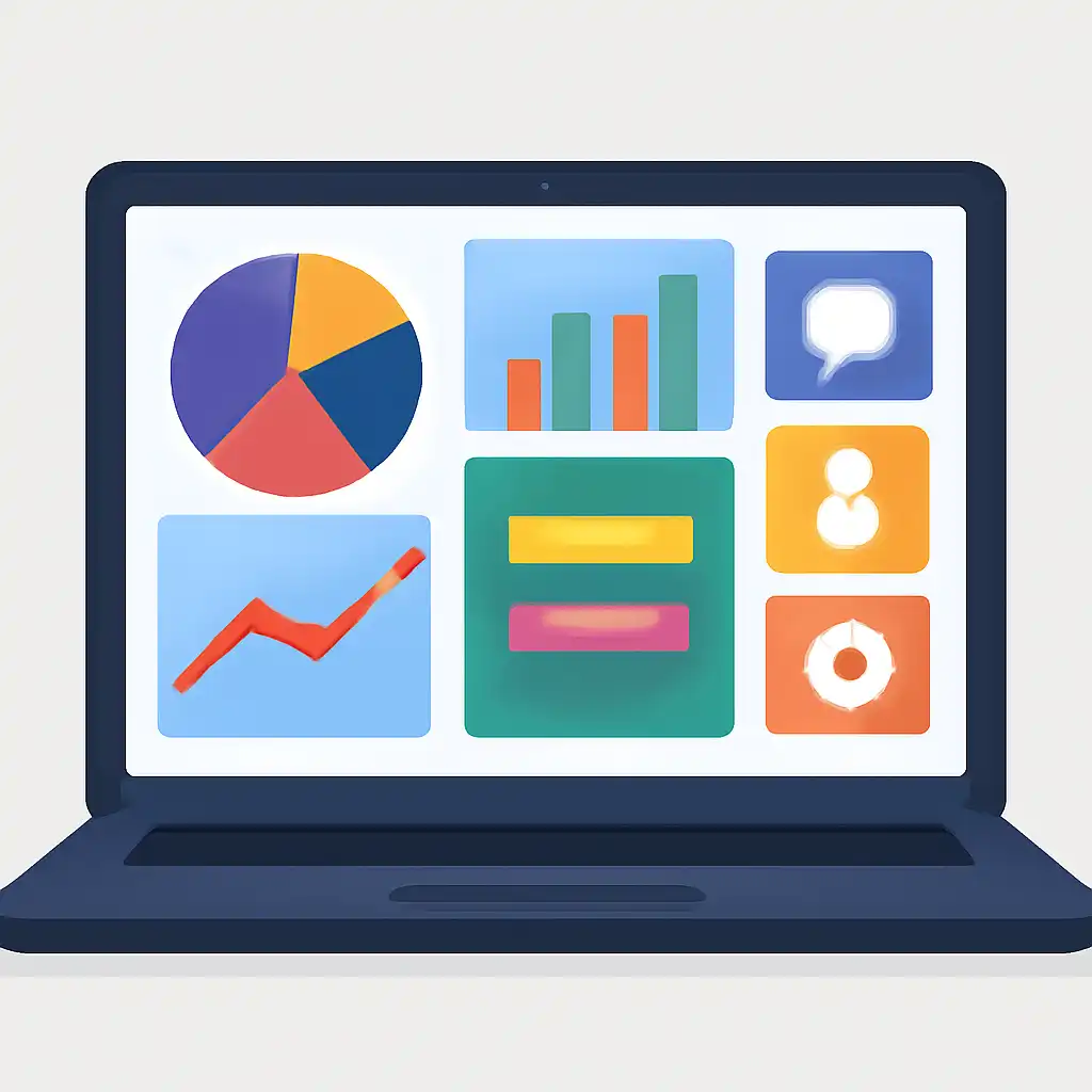 Laptop shown from the front displaying a colourful flat dashboard of abstract charts, bars and icon tiles, Jalwa