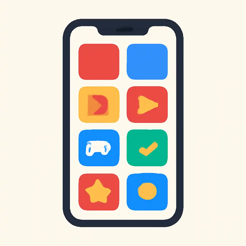 Smartphone shown from the front displaying a colourful flat layout of abstract game icons and rounded tiles, Common
