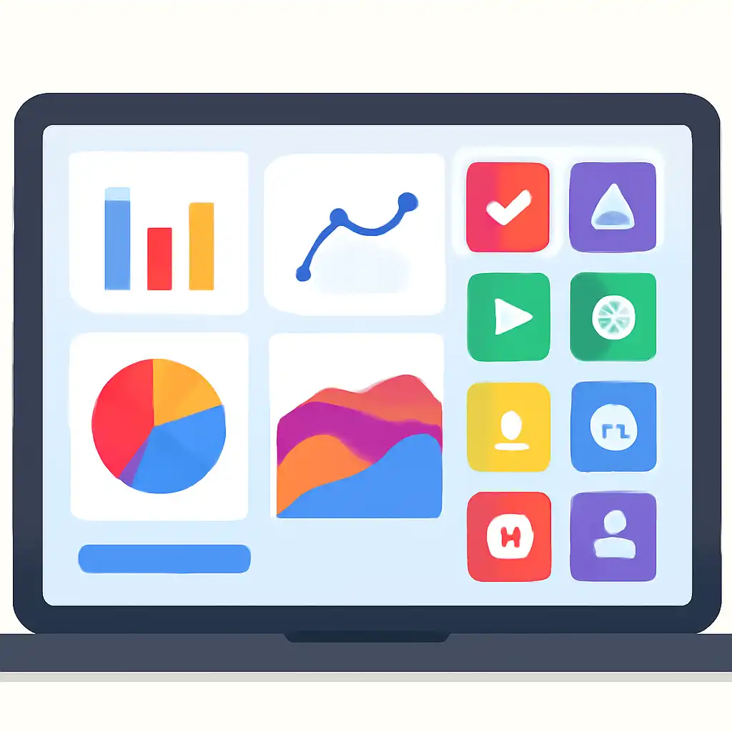 Laptop shown from the front displaying a colourful flat dashboard of abstract charts, bars and icon tiles, Common Mistakes