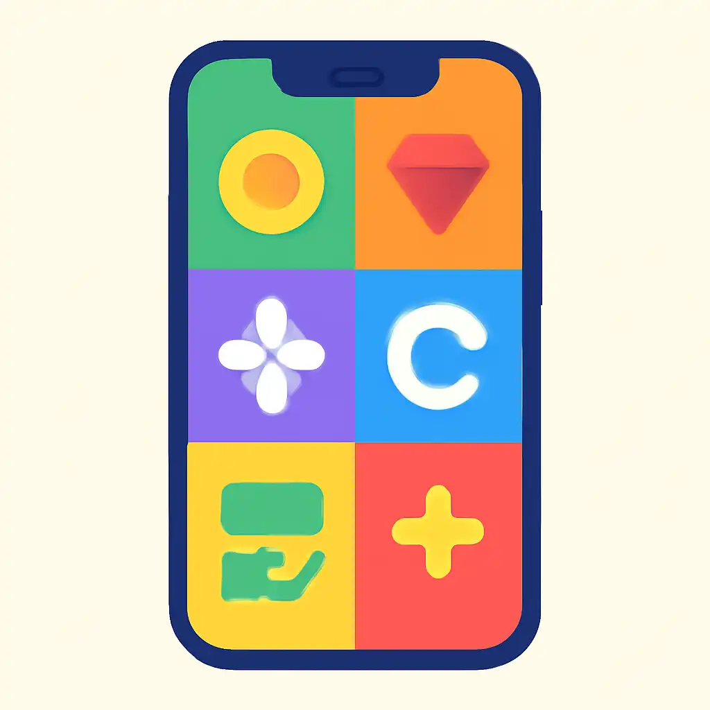 Smartphone shown from the front displaying a colourful flat layout of abstract game icons and rounded tiles, Deposits