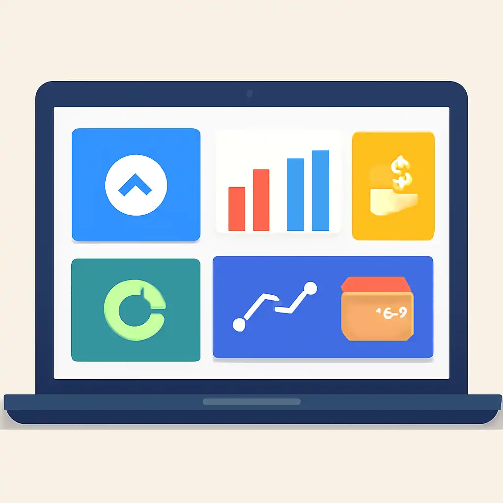 Laptop shown from the front displaying a colourful flat dashboard of abstract charts, bars and icon tiles, Deposits