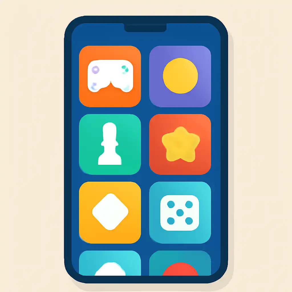 Smartphone shown from the front displaying a colourful flat layout of abstract game icons and rounded tiles, What jalwa Is