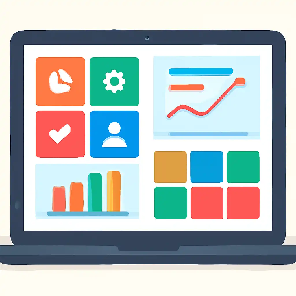 Laptop shown from the front displaying a colourful flat dashboard of abstract charts, bars and icon tiles, What jalwa Is