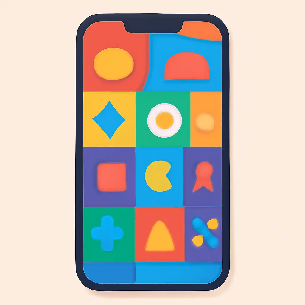 Smartphone shown from the front displaying a colourful flat layout of abstract game icons and rounded tiles, Getting