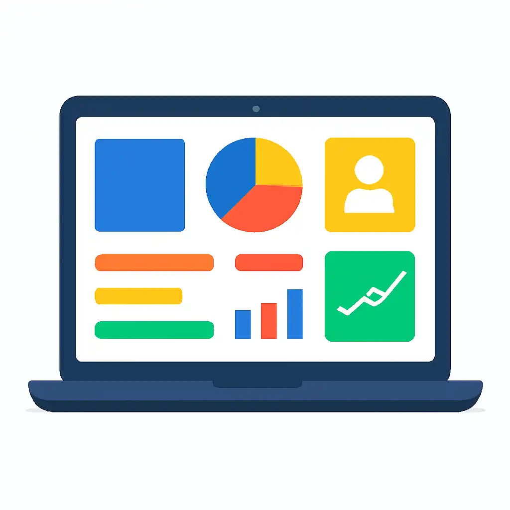Laptop shown from the front displaying a colourful flat dashboard of abstract charts, bars and icon tiles, Getting Started