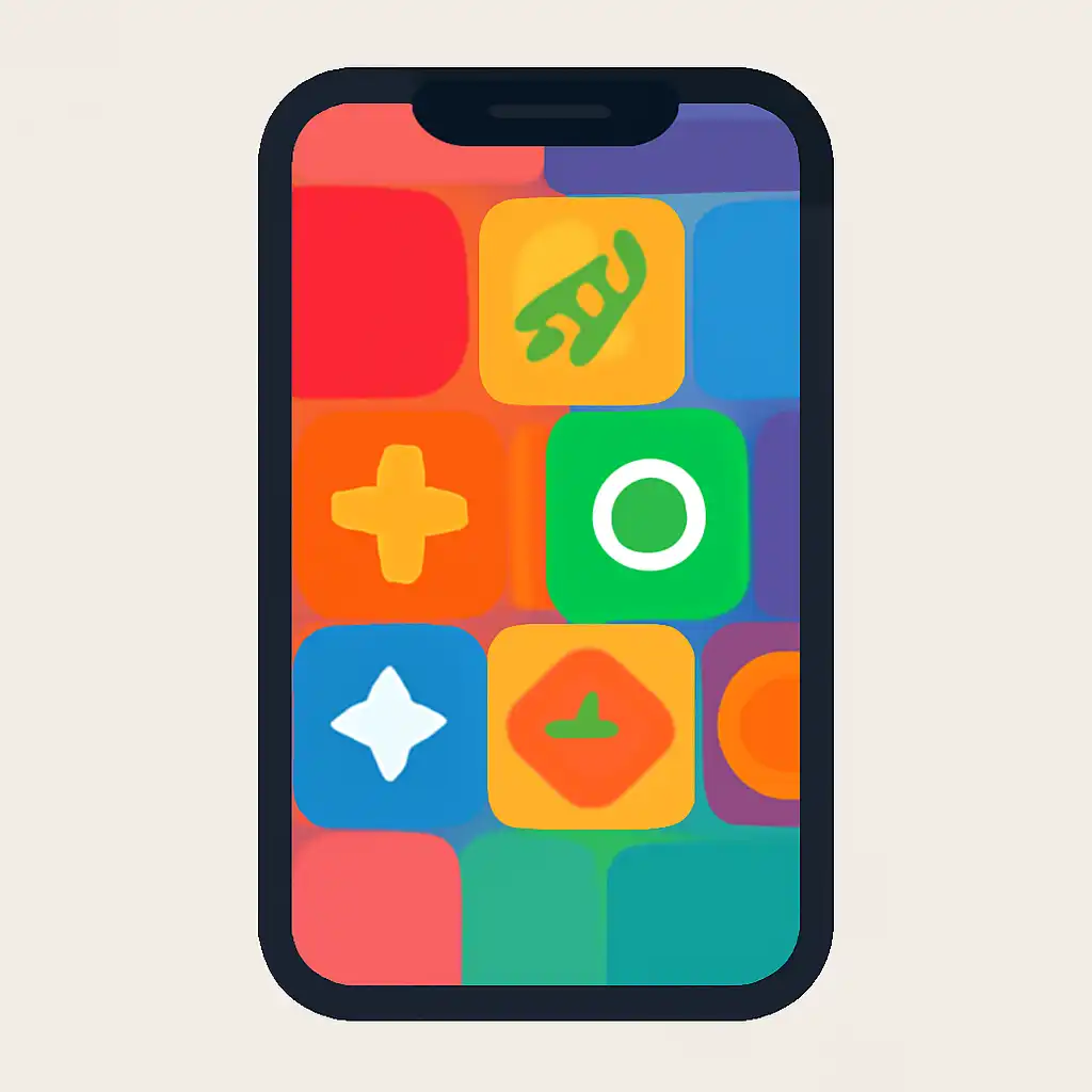 Smartphone shown from the front displaying a colourful flat layout of abstract game icons and rounded tiles, jalwa: Rules