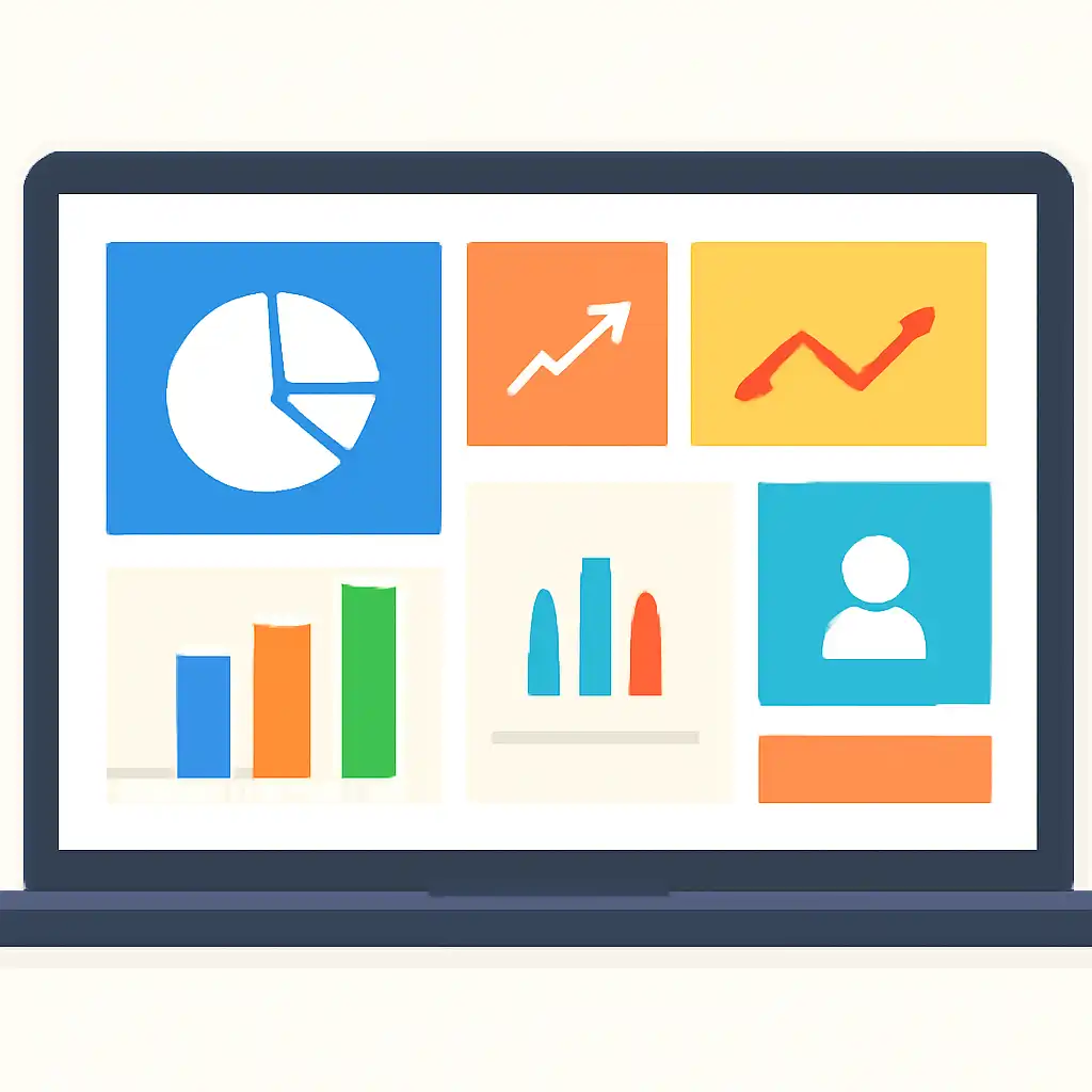 Laptop shown from the front displaying a colourful flat dashboard of abstract charts, bars and icon tiles, jalwa: Rules