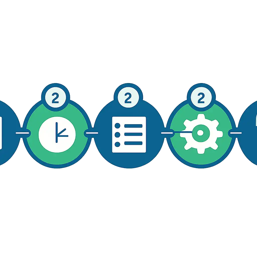 Five numbered circular icons connected by arrows in a horizontal flow, jalwa: Rules, Timings and Results steps