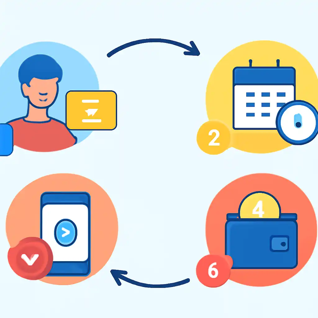 Annotated step diagram: payout timings process with numbered callouts, Jalwa